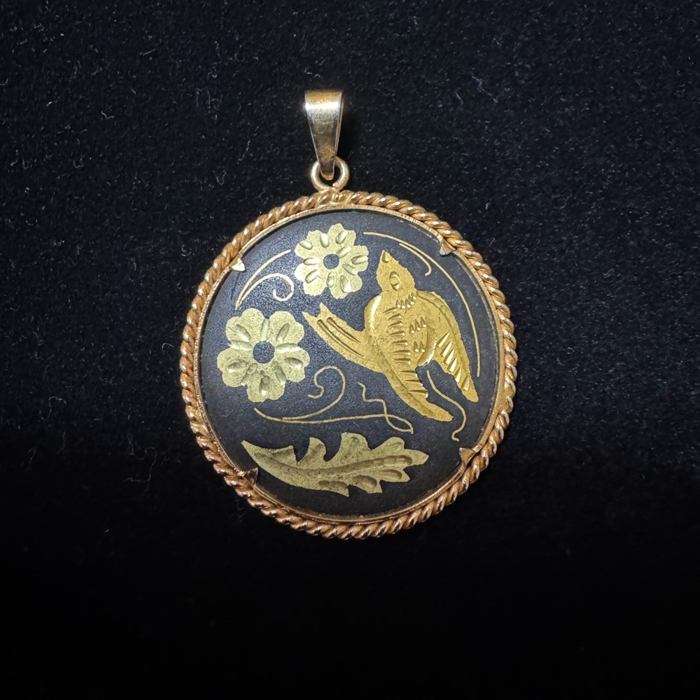 Damascene Gold Tone and Black Bird With Flowers Round Pendant (No Chain)